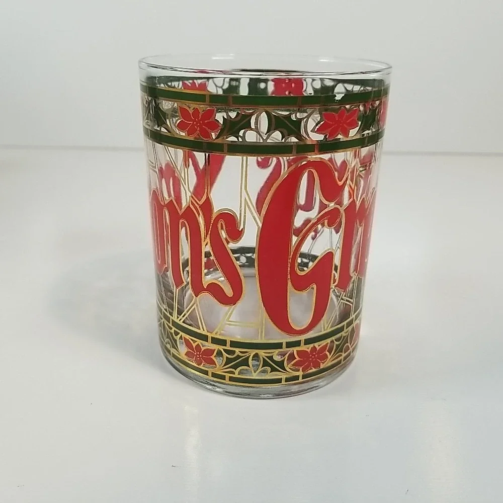 Houze 'Seasons Greetings' Glass Drink Tumbler Red & Green Gold Rim Vintage